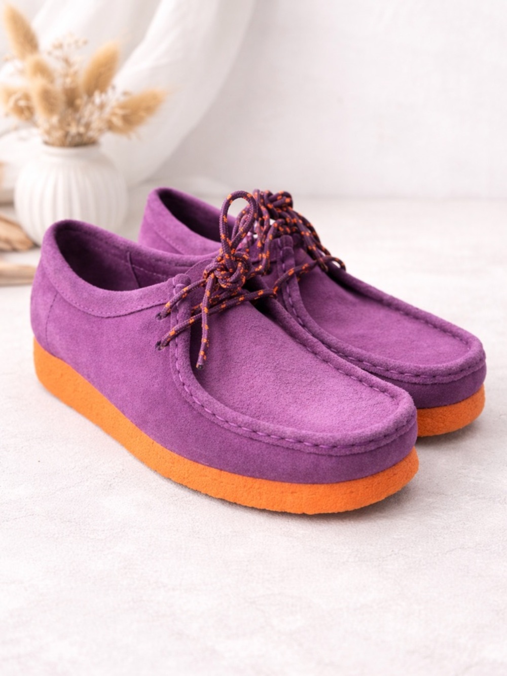 Clarks wallabee women’s oxford Purple Suede combi Orange Soles size 6.5